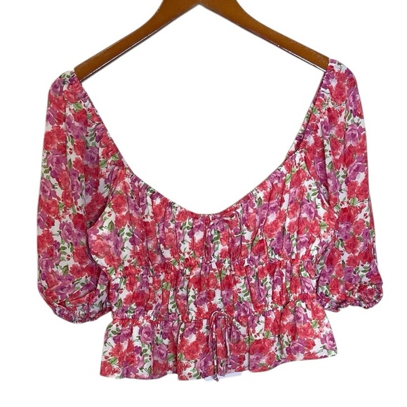 WAYF Avra Pink Red Floral Sweetheart Neckline Cottage Core Peplum Top sz L NWT - Picture 3 of 9